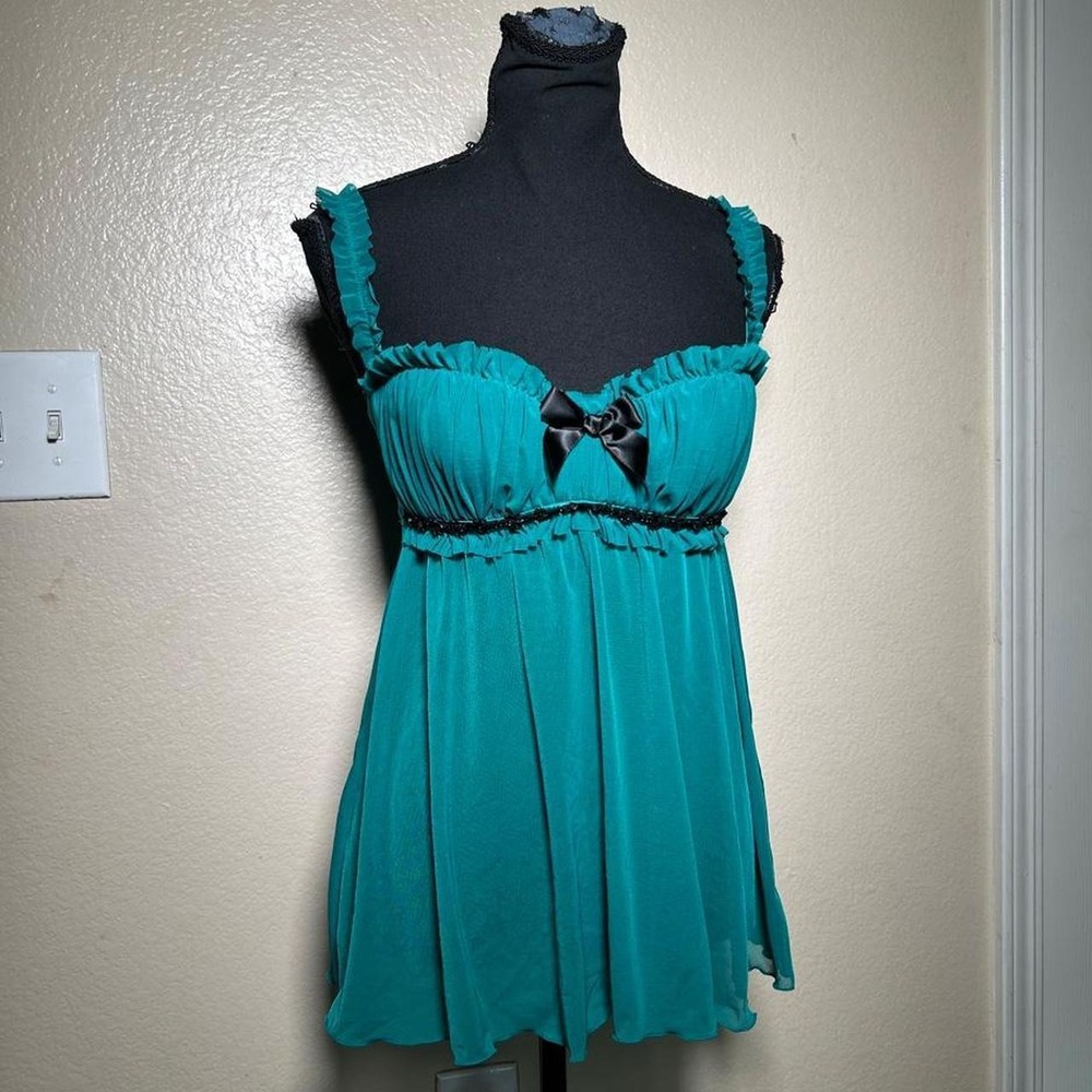 Fredericks of Hollywood Y2K Teal Babydoll Tank Top Beaded Cami Fairycore Medium